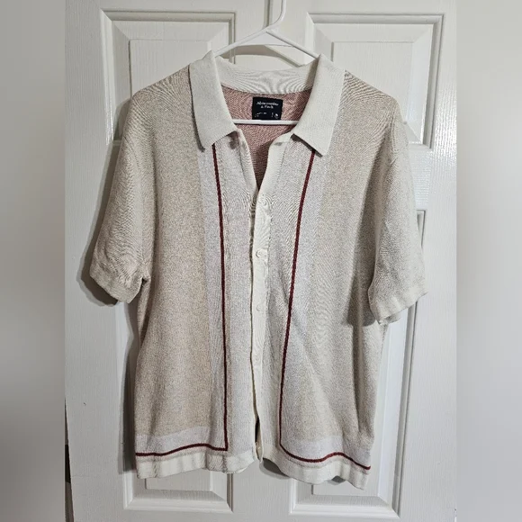 Abercrombie & Fitch Men Medium Beige Knit Button Polo Shirt Preppy Retro Minimal - Picture 2 of 6